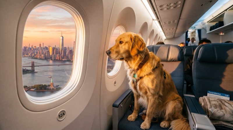 Golden retriever viajando na cabine do avião