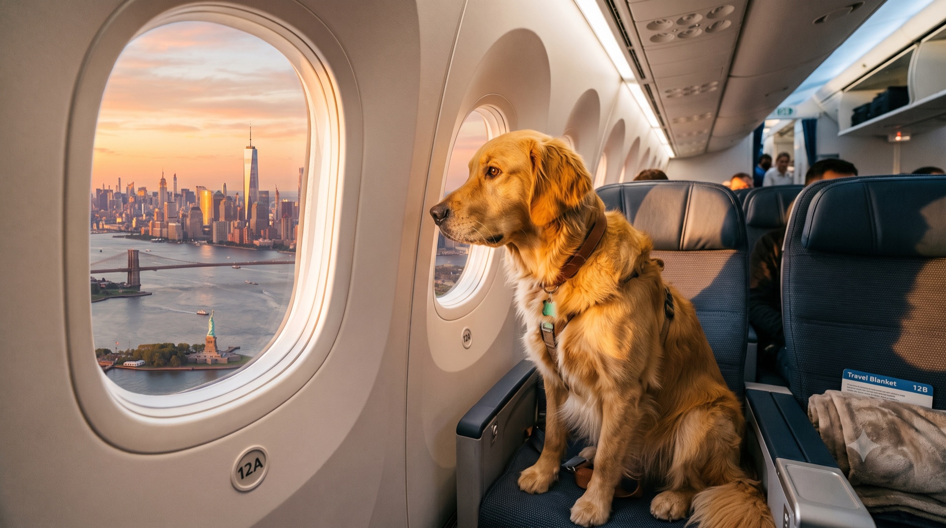 Golden retriever viajando na cabine do avião com vista da cidade pela janela