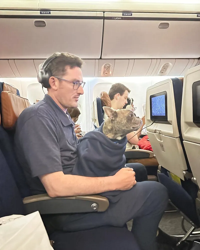 Tutor viajando na cabine do avião com seu Pet no colo, cliente da Pet Viajante