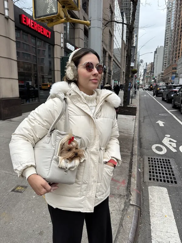 Luanna com a Hope na bolsa de transporte passeando por Nova York